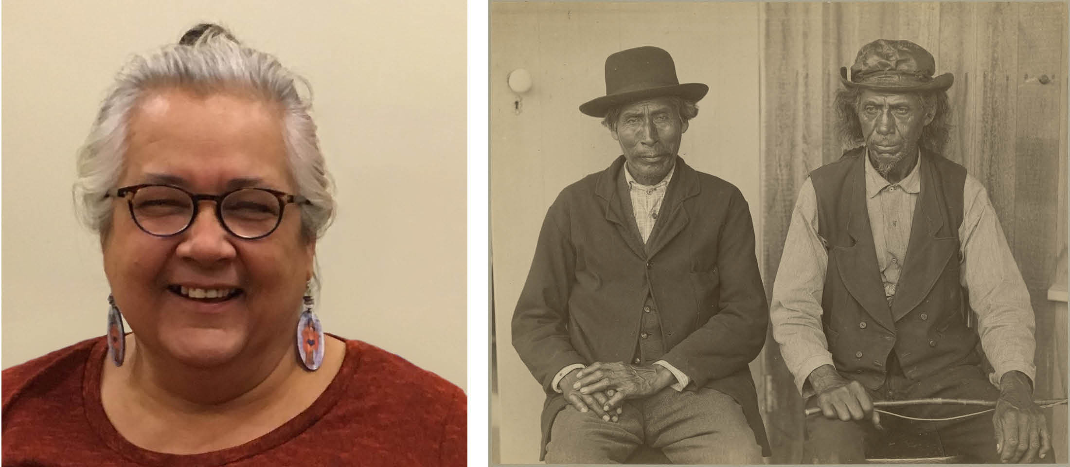 linda coombs and a historic photo of two wampanoag men.