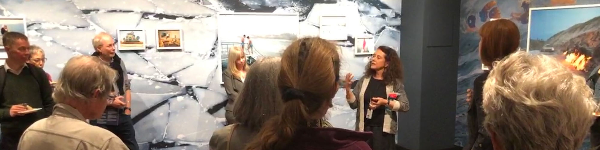 crowd in gallery with talking curator.
