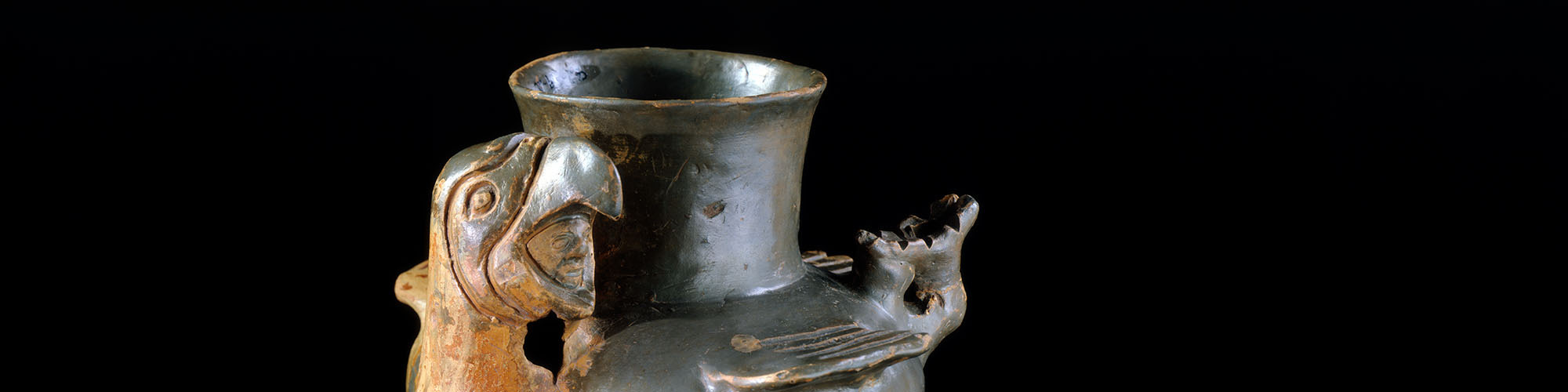 detail of ceramic jar with open-mouthed parrot.