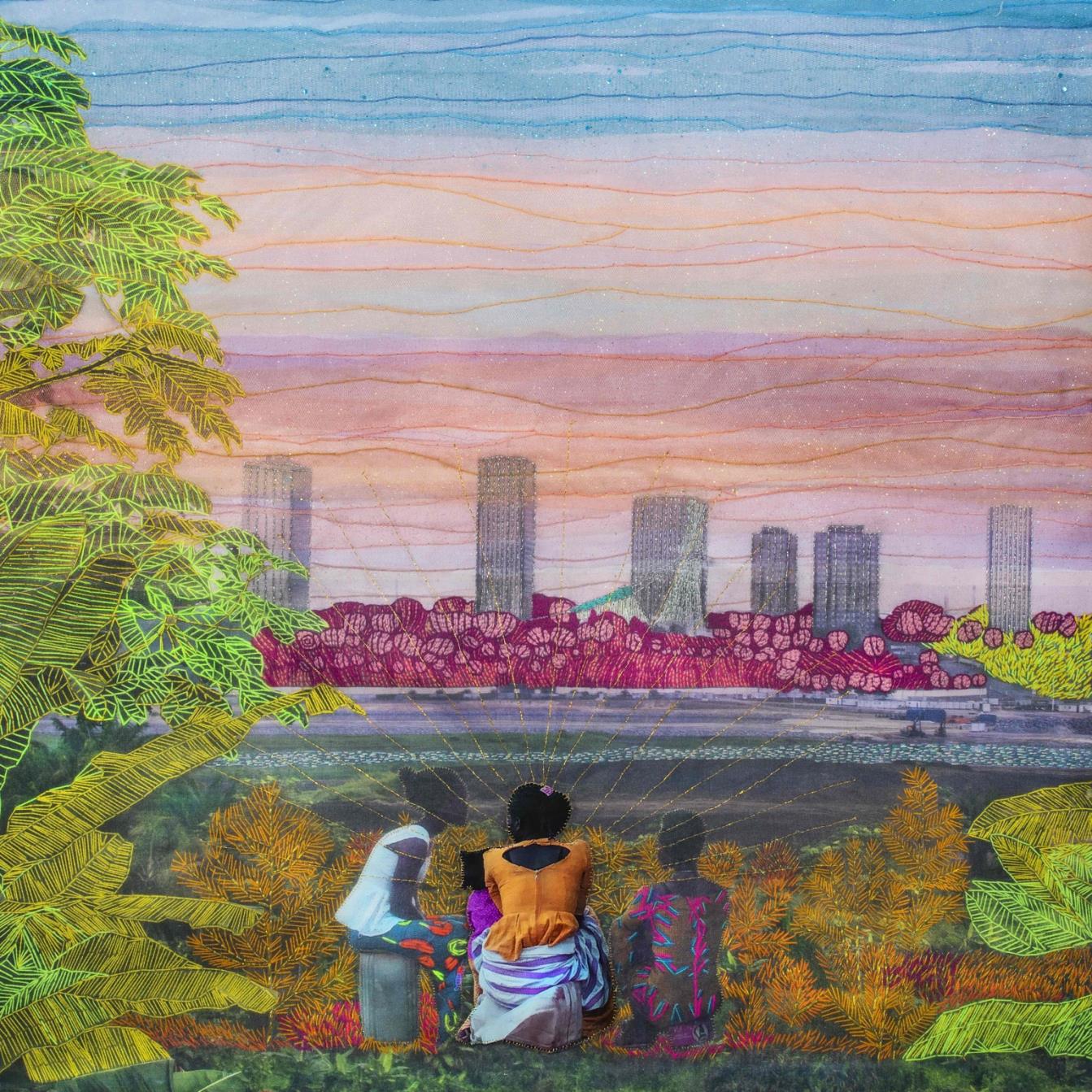 A mixed media image of three women with their backs to the observer. They look out over water to a city beyond. The women are surrounded by brightly colored foliage, which also encroaches around the edges of the foreground.