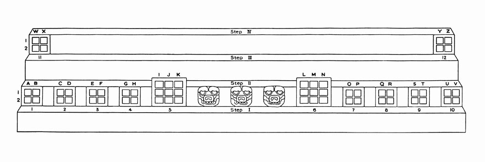 Drawing of Naranjo, Hieroglyphic Stairway, front