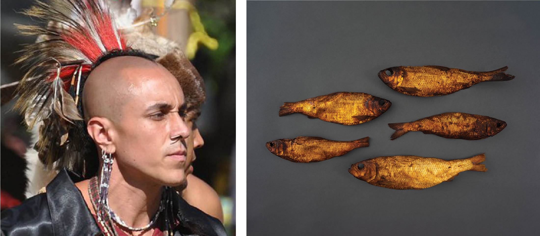 phillip wynne in traditional wampanoag attire and dried and smoked herring.