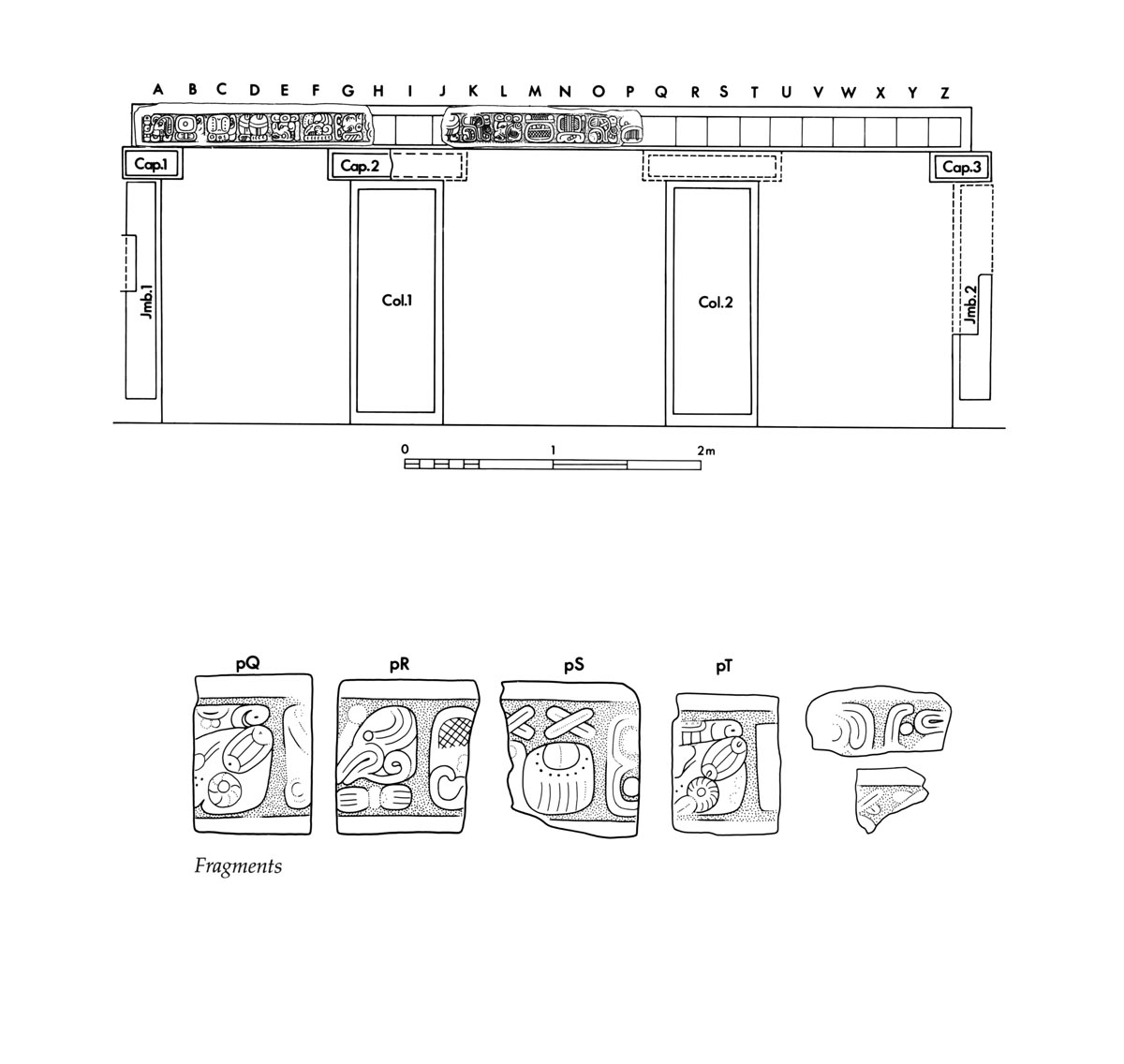 Drawing of Xcalumkin, Lintel 1 fragments