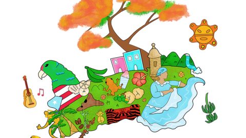 illustration of puerto rico map with symbols.