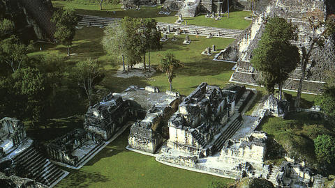 An aerial shot of Tikal central plaza.