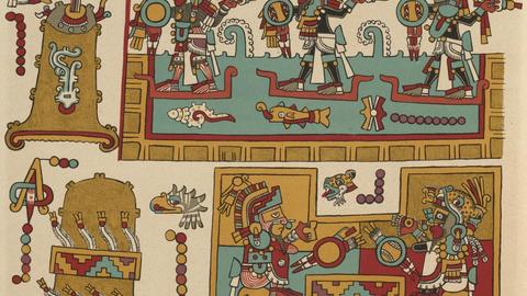 A colorful Aztec illustration of Atlatl spear throwing.