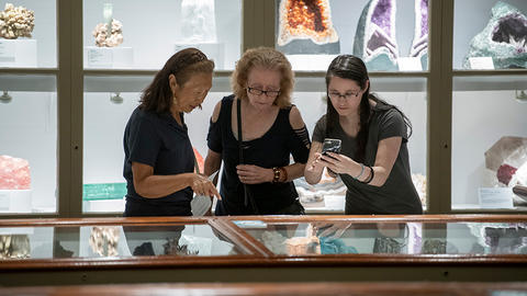 three women in minerals gallery look in a case.