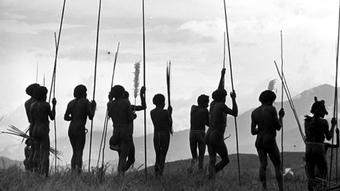 Warriors leaning on their long spears, watching a war in the distance.