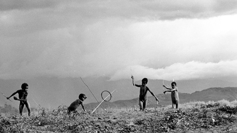 group of dani at play with spears and hoop.