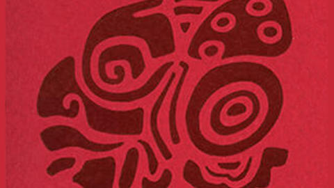 drawing in brown of Maya profile face on red background