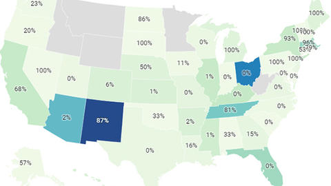 A gradient map of the United States, outlined by state with percentages on each state