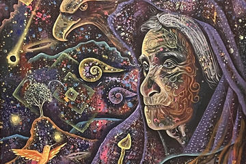 older woman with psychedelic background.