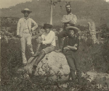 G. B. Gordon, Lincoln and Shorkley - members of expedition to Copan. In the Great Plaza