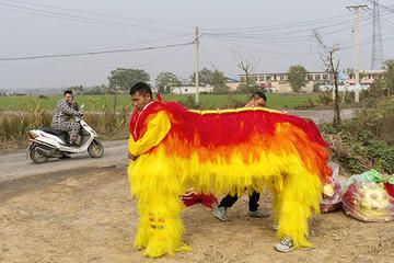 people in lion dance costume stand in rural area as motorcyclist passes by looking at them.
