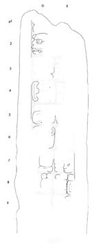 Drawing of La Honradez, Stela 1, left, 2004.15.6.12.15