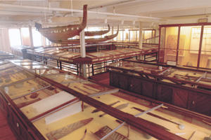 gallery with hanging canoe.