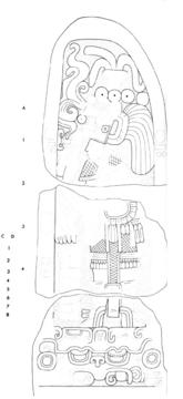 Drawing of Pixoy, Stela 1, front.