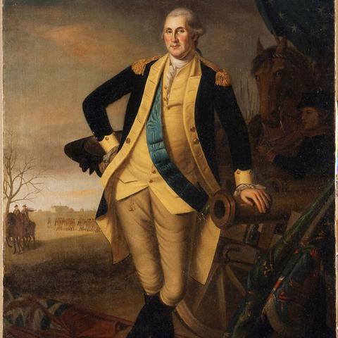 George Washington leans against a cannon