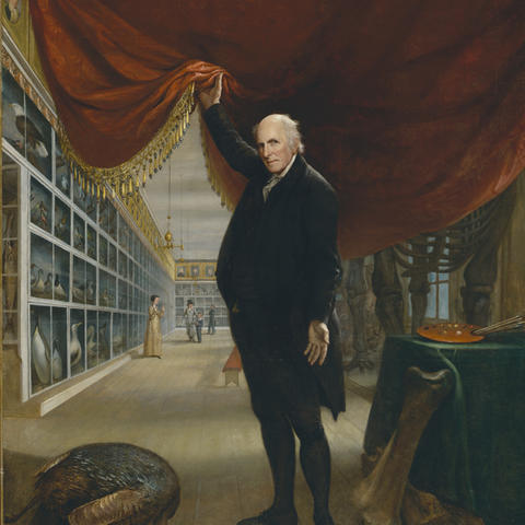 Charles Willson Peale holding up a curtain revealing a museum exhibition