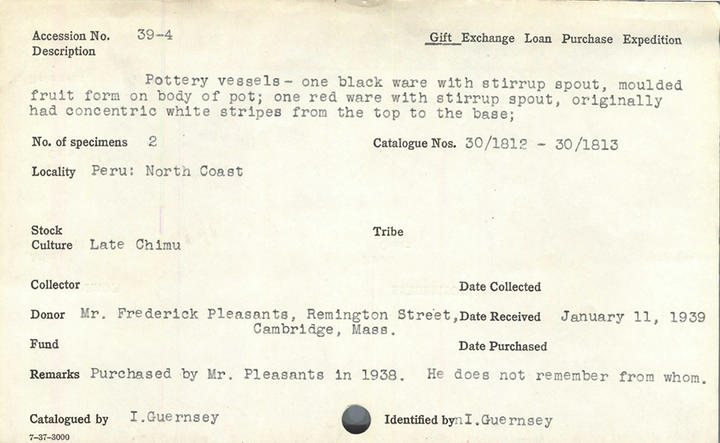 Typed catalog card describing museum objects