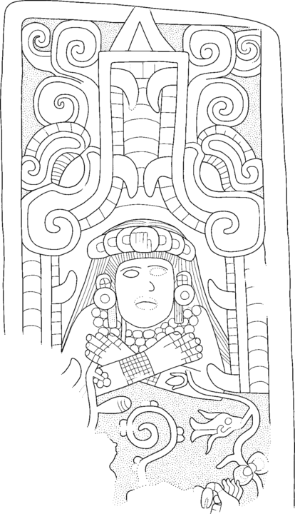 line drawing of bas-relief carving with figure