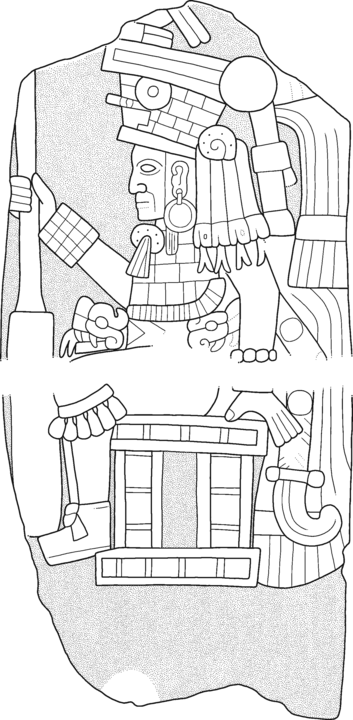 line drawing of bas-relief carving with figure