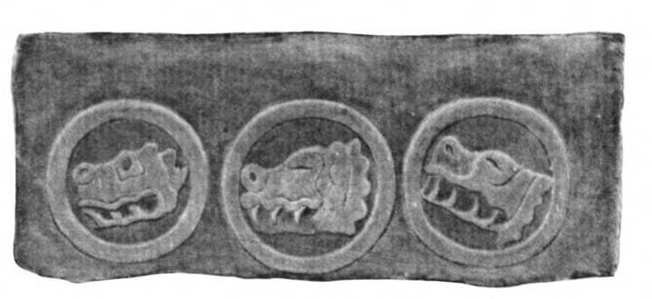 Watercolor of basalt bas-relief carving with glyphs