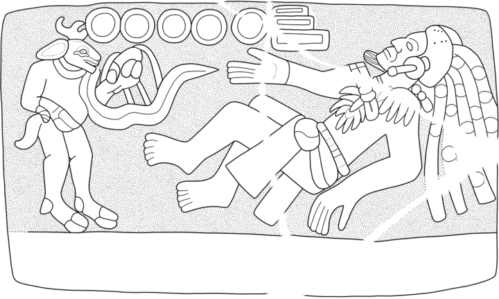 line drawing of bas-relief carving with figure and rabbit