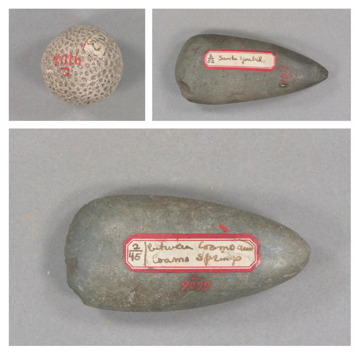 Group of three artifacts, two stone tools and a coral ball