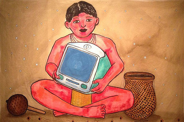 painting of person holding a tv.