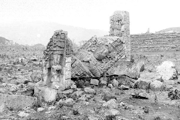 19th century photo of fallen monument Stela C from Copan Honduras