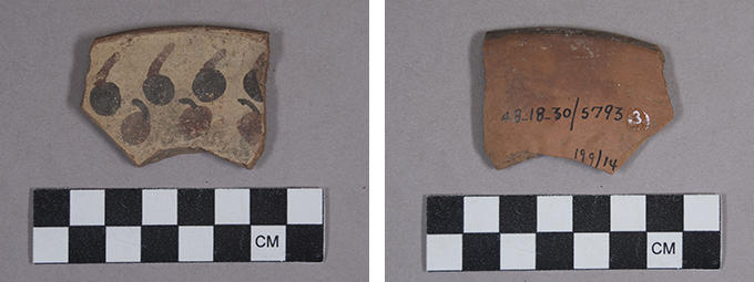 Two pieces of pottery with a ruler for scale