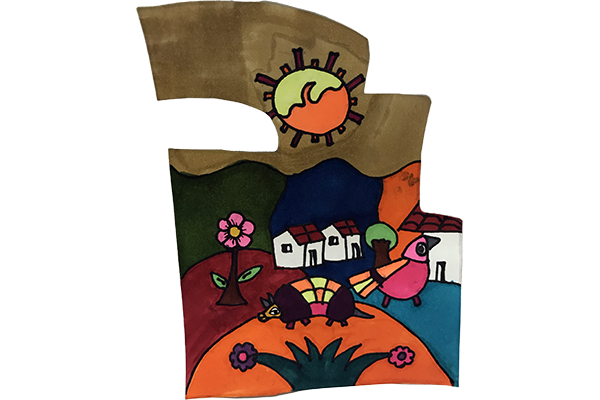 color painting of home with sun armadillo bird and flowers.