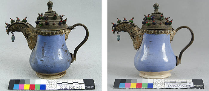 Two images of the same blue tea pot