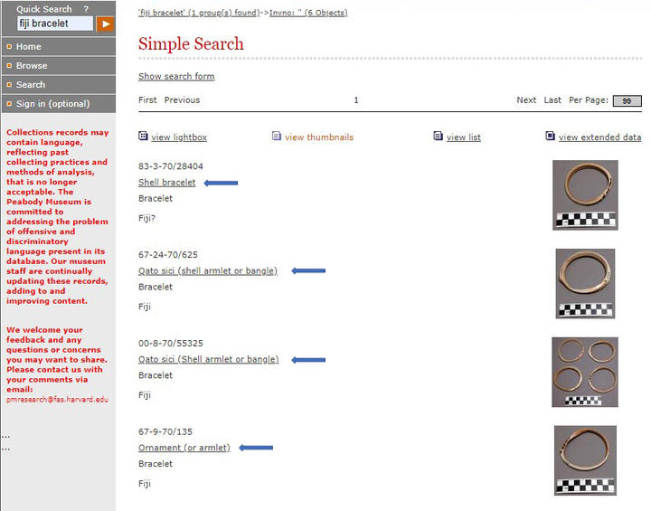 A screenshot of a Peabody museum database search for 