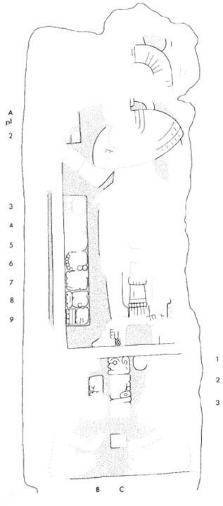 Drawing of La Honradez, Stela 1, front, 2004.15.6.12.14