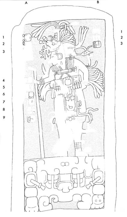 Drawing of La Honradez, Stela 4, front, 2004.15.6.12.18