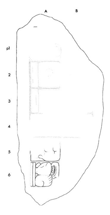 Drawing of La Honradez, Stela 9, front, 2004.15.6.12.27