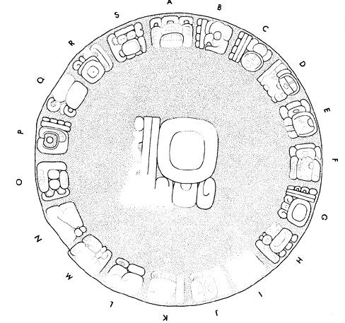 Drawing of Tonina, Monument 136, disc, A-S, 2004.15.6.16.24