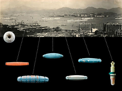Photos of several blue and orange plastic items on a black background are connected with dotted lines to the top half of the photo: an old-appearing master shot of a harbor with large ships in the water.