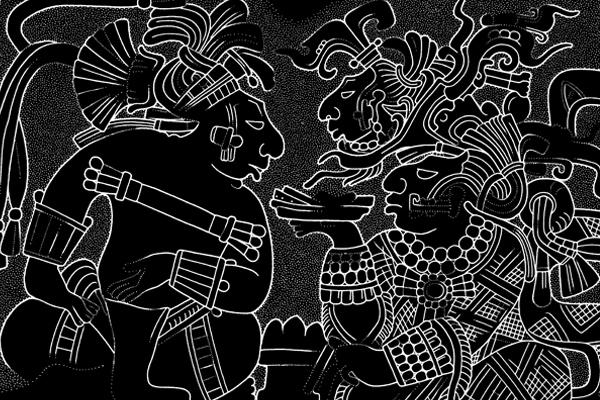 Yaxchilan, Lintel 55, line drawing with the ruler and queen sharing a vision, by Ian Graham.