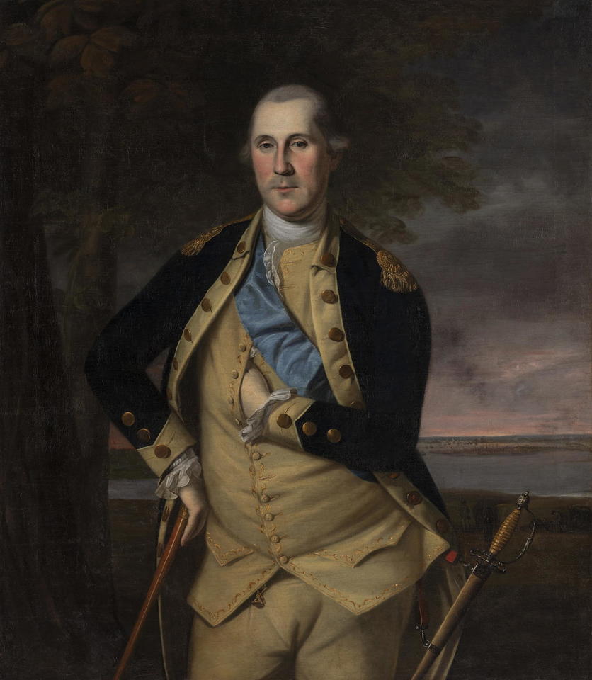 painting of george washington wearing blue sash.