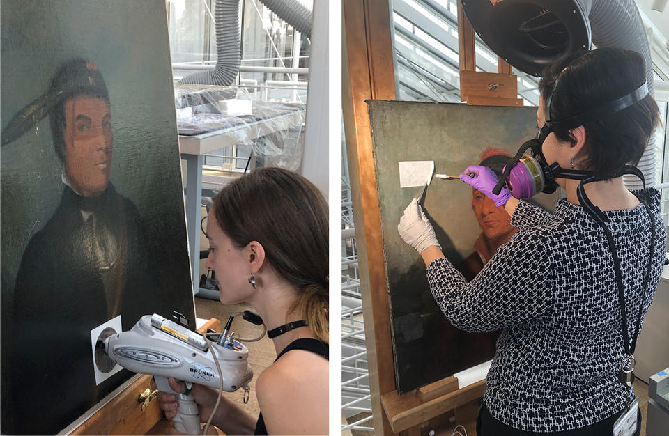 Two female conservators working on paintings
