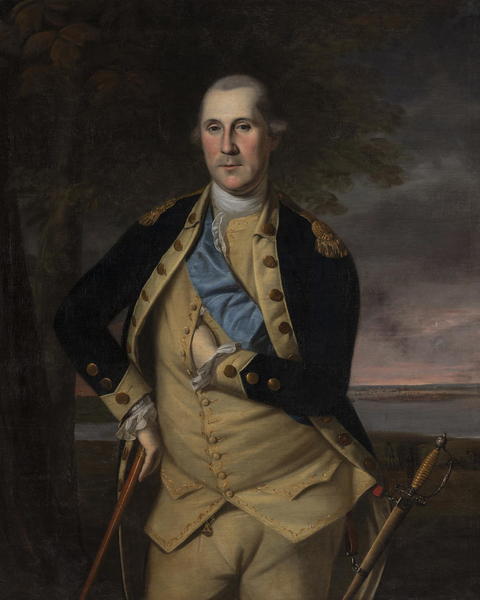 George Washington leans for a portrait in military garb and wearing a blue sash