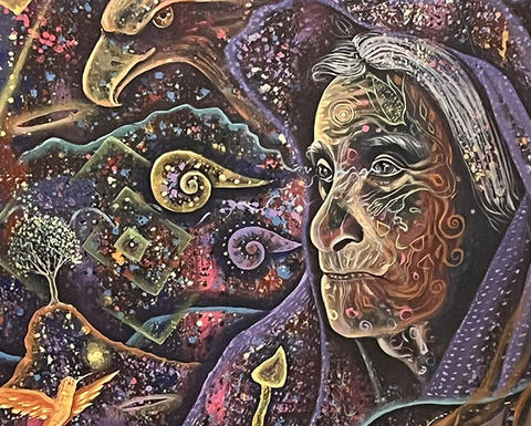 older woman with psychedelic background.
