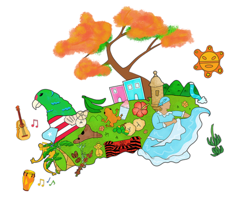 illustration of puerto rico map with symbols.