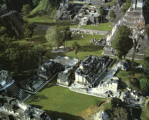 An aerial shot of Tikal central plaza.