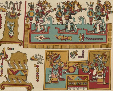 A colorful Aztec illustration of Atlatl spear throwing.